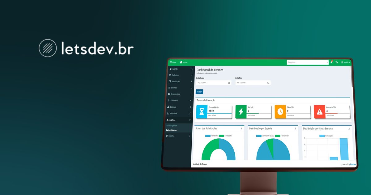 Logo letsdev.br e tela da plataforma de gestão laboratorial